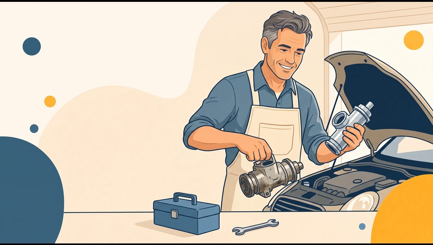 A smiling mechanic swapping a worn car part for a new one under an open hood