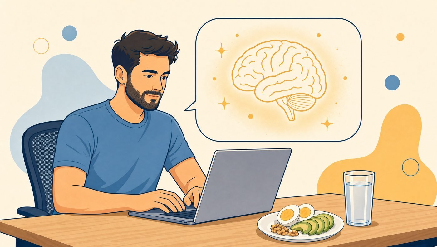 A man seated at his desk working on a laptop, with eggs, avocado and walnuts beside him and a glowing brain in a thought bubble