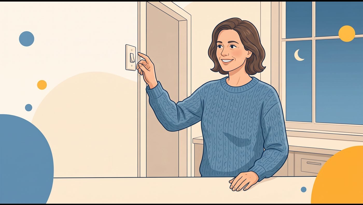 A woman switching off the kitchen light in the evening, a crescent moon in the window