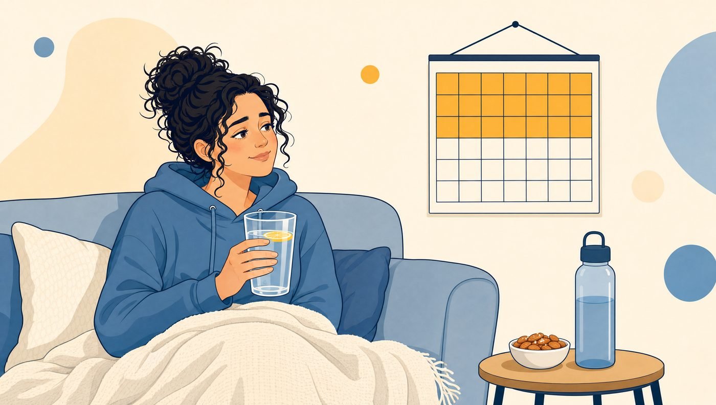A woman on a sofa under a blanket holding a glass of water, with a wall calendar showing the first three weeks highlighted
