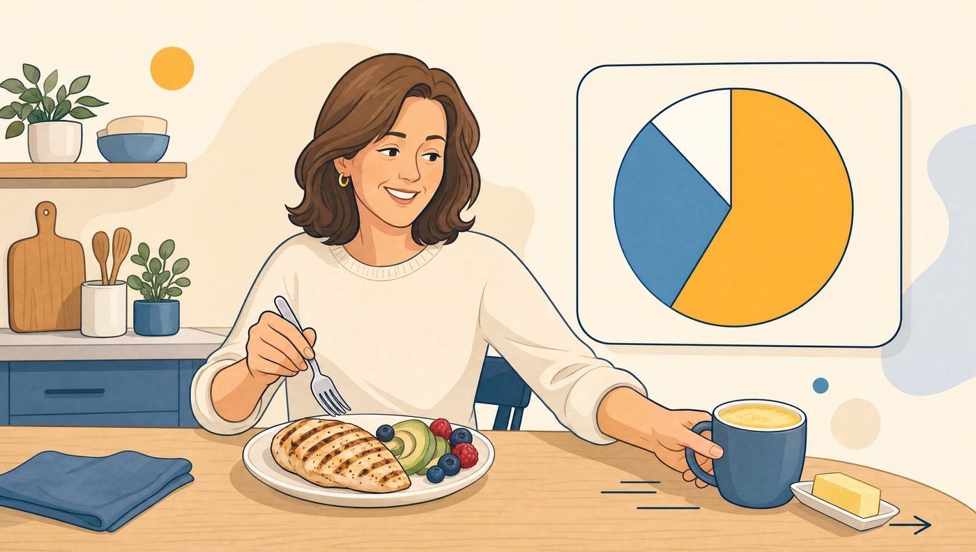 A woman at her kitchen table eating grilled chicken, avocado and berries while sliding a mug of butter coffee and a stick of butter away