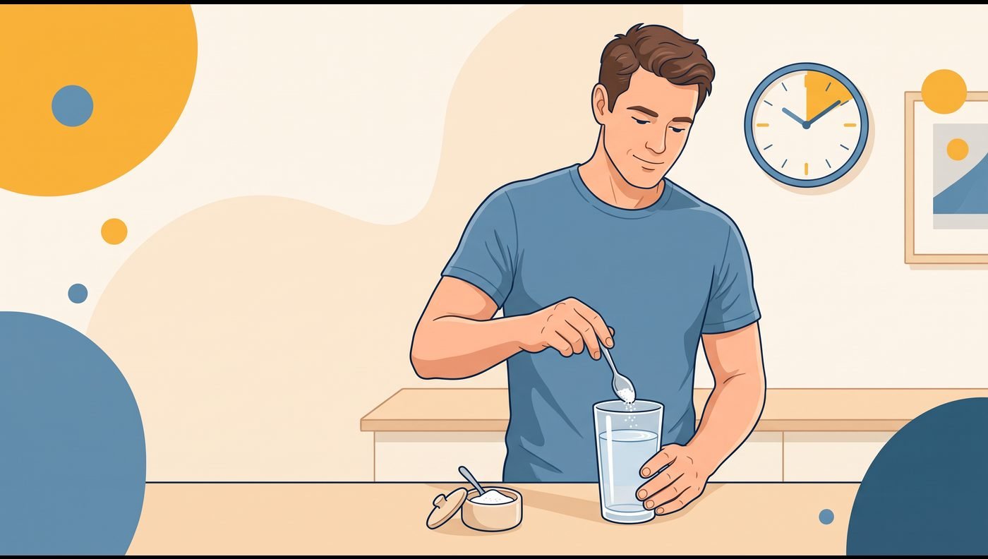A man stirring a pinch of salt into a glass of water, a wall clock behind him
